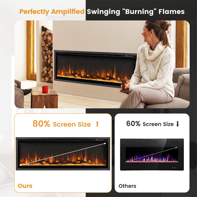 50" Linear Electric Fireplace Wall Mounted Freestanding Recessed 1500W Slim Fireplace Heater with Remote Control