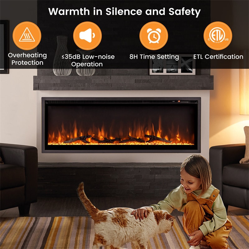 50" Linear Electric Fireplace Wall Mounted Freestanding Recessed 1500W Slim Fireplace Heater with Remote Control