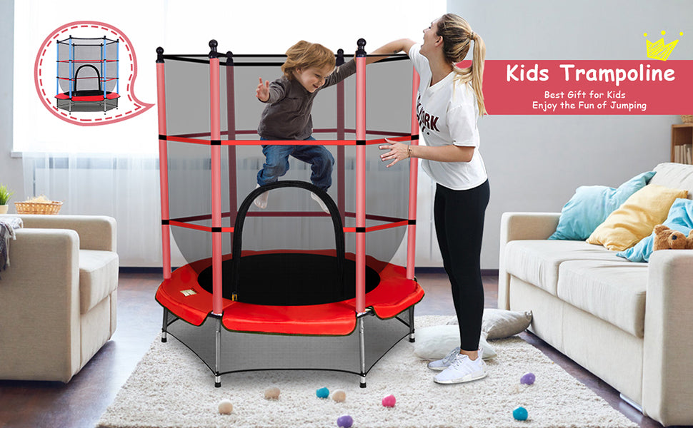 55" Outdoor Round Kids Trampoline with Safety Enclosure Net