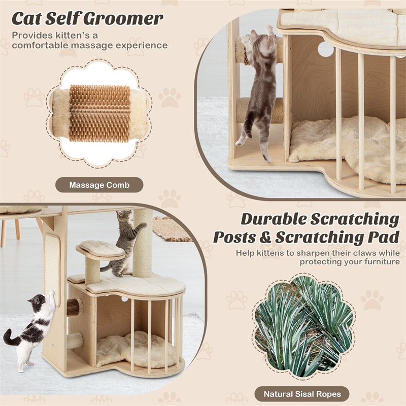 55" Tall Cat Tree Multi-Layer Wooden Cat Tower Activity Center with Hammock & Luxurious Cat Condo Plush Perch Cat Self Groomer