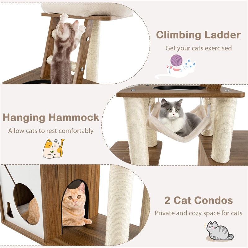 57" Modern Wooden Cat Tree Tower Large Multi-Level Cat Activity Center with Climbing Ladder, 2 Cat Condos, Hanging Hammock & Padded Top Perch