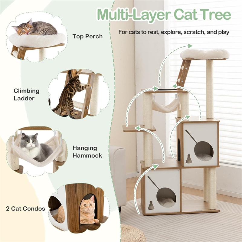 57" Modern Wooden Cat Tree Tower Large Multi-Level Cat Activity Center with Climbing Ladder, 2 Cat Condos, Hanging Hammock & Padded Top Perch