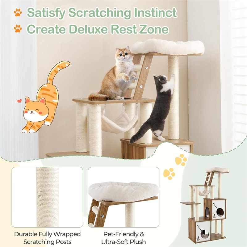 57" Modern Wooden Cat Tree Tower Large Multi-Level Cat Activity Center with Climbing Ladder, 2 Cat Condos, Hanging Hammock & Padded Top Perch