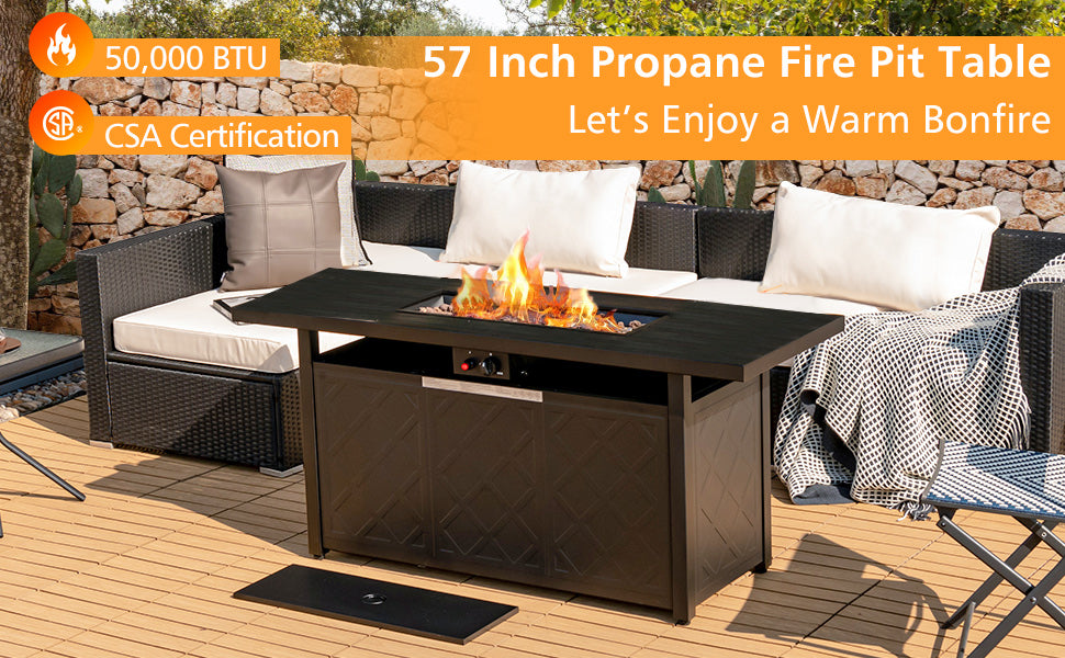 57" Rectangular Propane Fire Pit Table 50,000 BTU Auto-Ignition Patio Gas Fire Pit Table with Lid & Lava Rocks