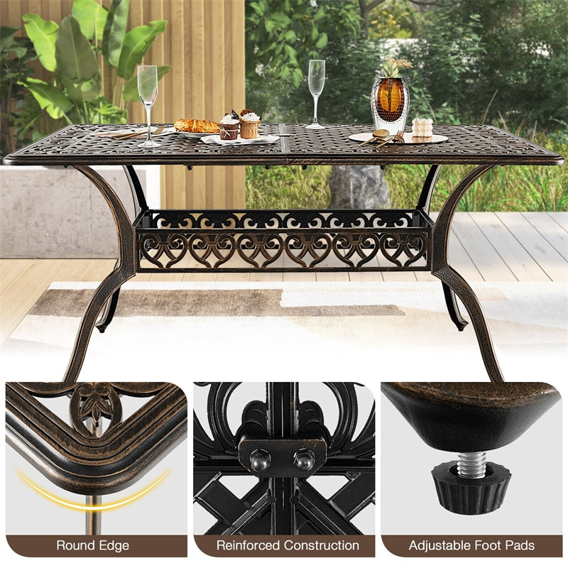 59" Rectangular Outdoor Dining Table 6 Person All-Weather Cast Aluminum Table with Umbrella Hole