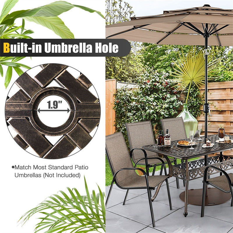 59" Rectangular Outdoor Dining Table 6 Person All-Weather Cast Aluminum Table with Umbrella Hole