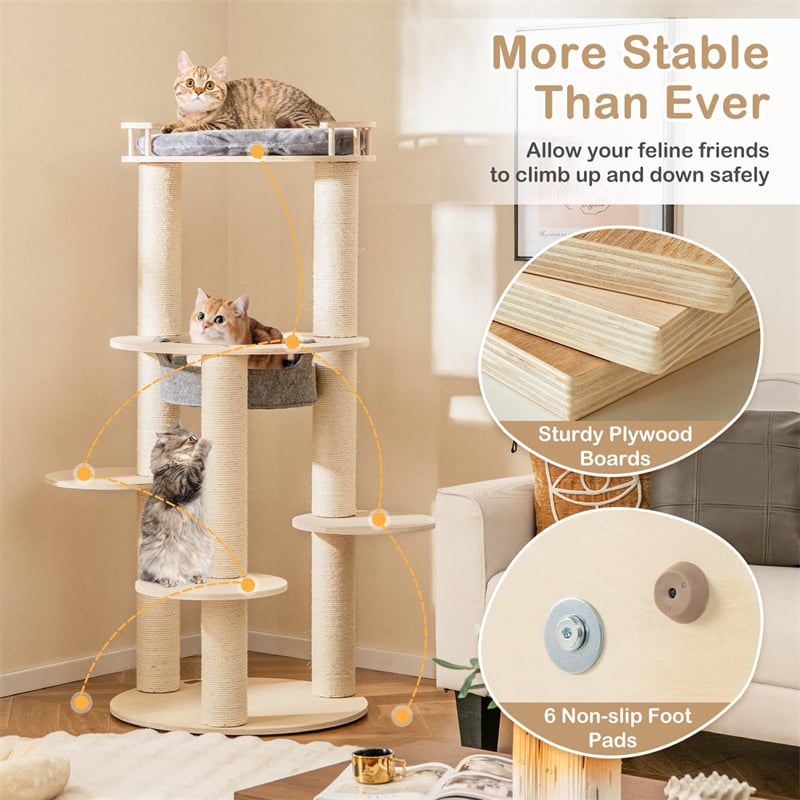 59" Tall Wooden Cat Tree 6-Level Large Modern Cat Tree Tower with Top Padded Perch, Hammock, 3 Platforms, Sisal Scratching Posts for Indoor Cats