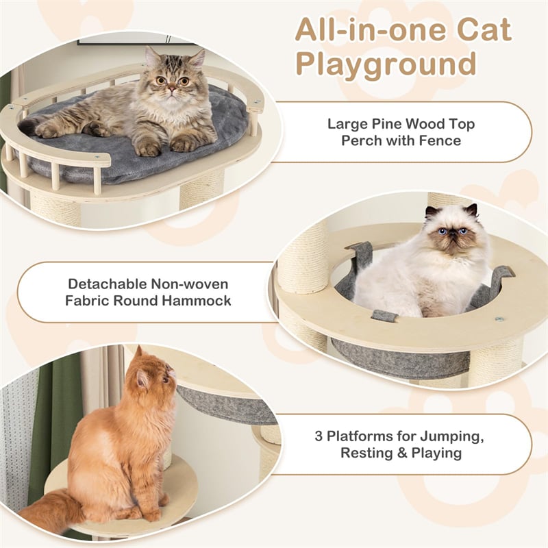 59" Tall Wooden Cat Tree 6-Level Large Modern Cat Tree Tower with Top Padded Perch, Hammock, 3 Platforms, Sisal Scratching Posts for Indoor Cats