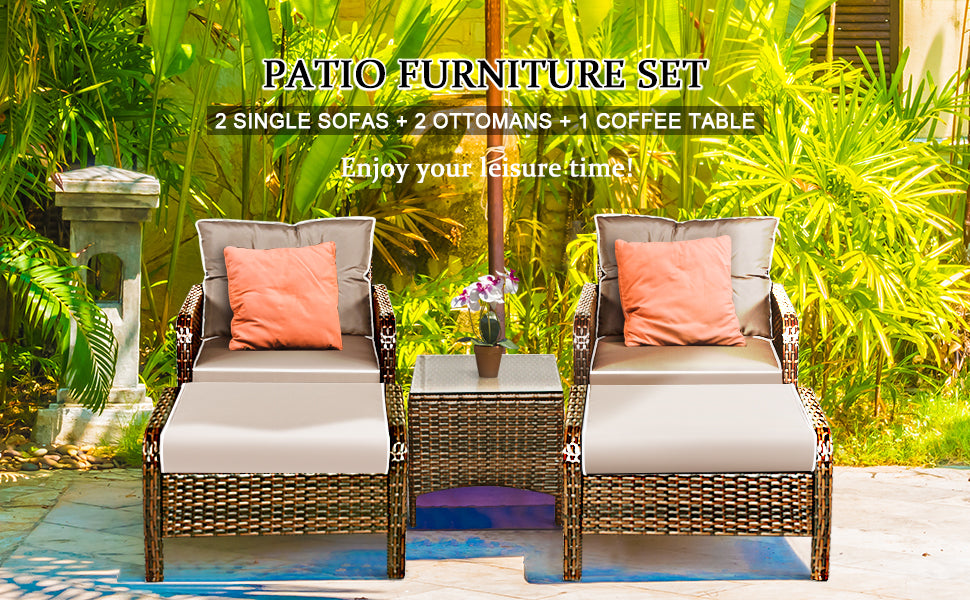 5 Pcs Patio Rattan Furniture Set with Cushioned Sofas and Ottoman
