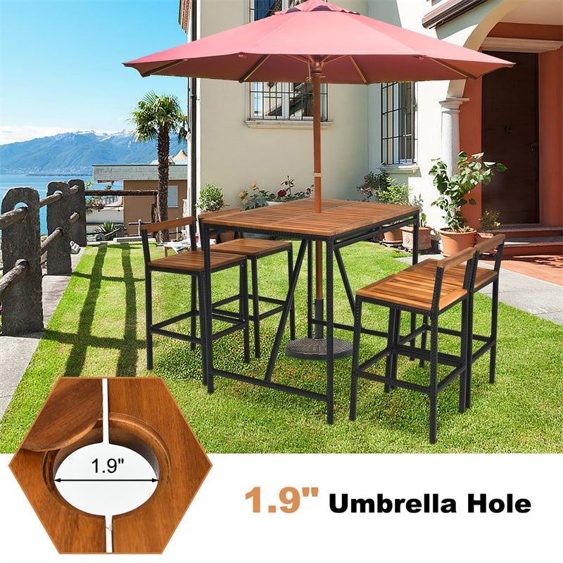 Acacia Wood Bar Table with Umbrella Hole: The large countertop of the bar table is crafted of solid and smooth acacia wood, bringing the touch of coziness and making maintenance easier. Furthermore, there is a 1.9" umbrella hole on the center of the tabletop, which allows you to put the patio umbrella (not included) easily. And the triangular structures sturdily support the tabletop.