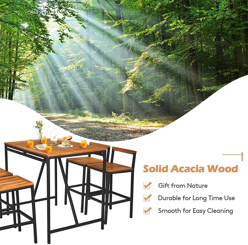 5 Piece Outdoor Patio Acacia Wood Bar Height Rattan Dining Set Table Set with Umbrella Hole and 4 Bar Stools