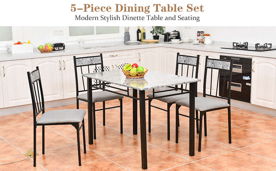 5 Piece Faux Marble Kitchen Dining Table Set with 4 Padded Chairs