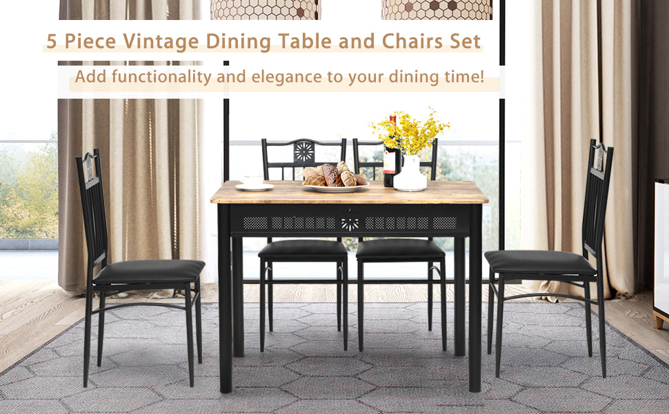 5 Piece Vintage Kitchen Dining Table Set with 4 Padded Dining Chairs