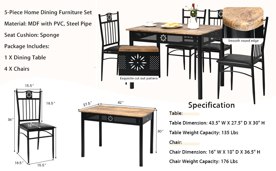 5 Piece Vintage Kitchen Dining Table Set with 4 Padded Dining Chairs