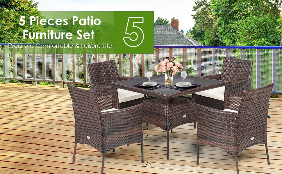 5 Piece Outdoor Rattan Dining Table Set with Tempered Glass Tabletop and 4 Cushioned Chairs