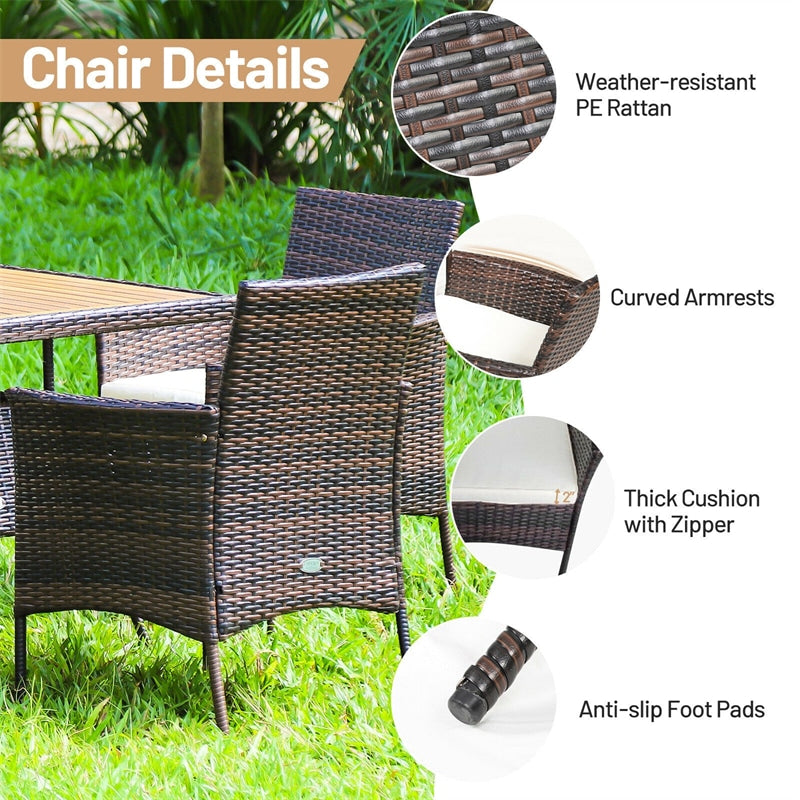 5 Piece Wicker Patio Rattan Dining Table Set with Cushioned Armchairs & Umbrella Hole