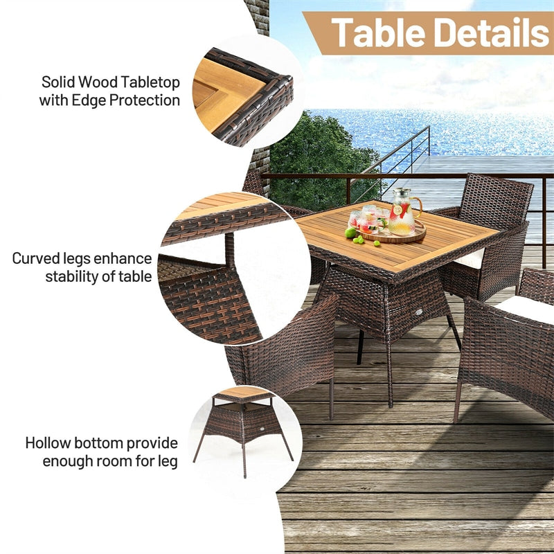 5 Piece Wicker Patio Rattan Dining Table Set with Cushioned Armchairs & Umbrella Hole