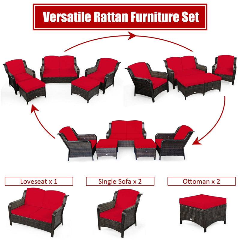 5 Pieces Patio Rattan Furniture Set with Cushions and Ottoman