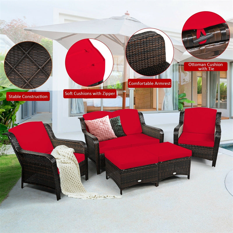 5 Pieces Patio Rattan Furniture Set with Cushions and Ottoman