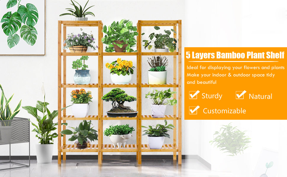 5 Tier Multifunctional Bamboo Shelf Rock Plant Display Stand (12 Pots)