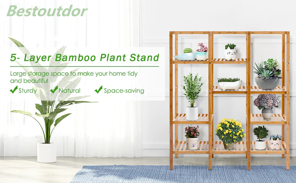 5 Tier Multifunctional Bamboo Shelf Storage Organizer Rack Plant Stand Display Holder