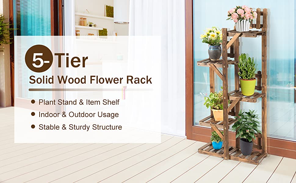 5 Tier Wood Plant Stand Flower Rack Outdoor Display Shelf