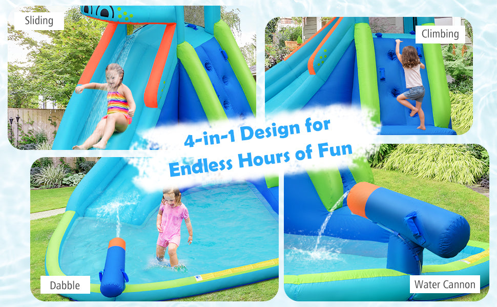 5 in 1 Inflatable Water Slide Hippo Water Park Bounce House with 740W Air Blower