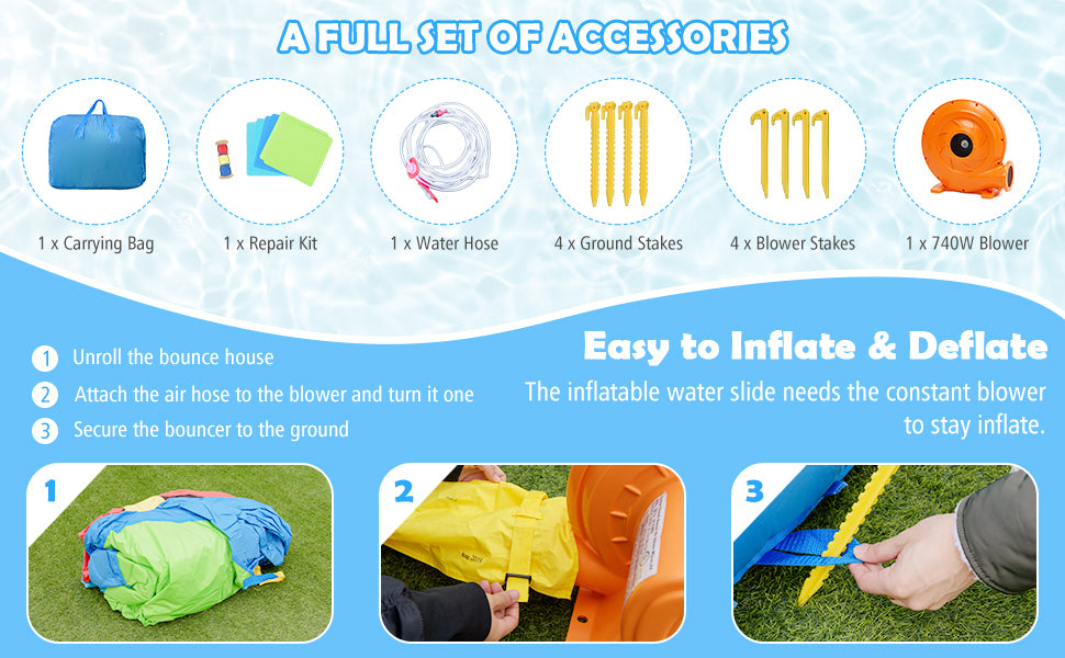 5 in 1 Inflatable Water Slide Hippo Water Park Bounce House with 740W Air Blower