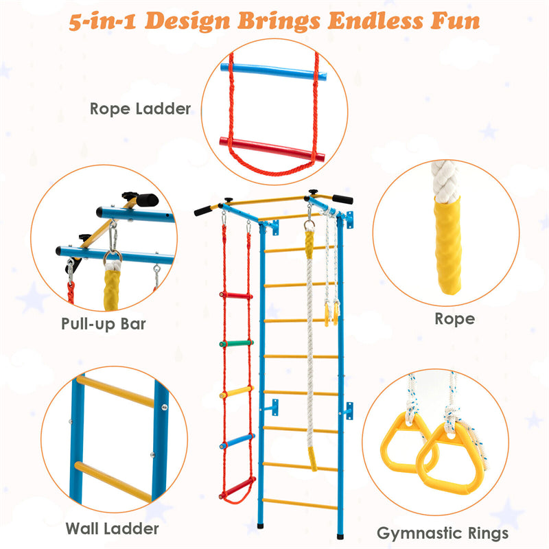 5-in-1 Climbing Toys Toddlers Kids Indoor Jungle Gym Steel Swedish Ladder Wall Set with Pull-up Bar & Gymnastic Rings