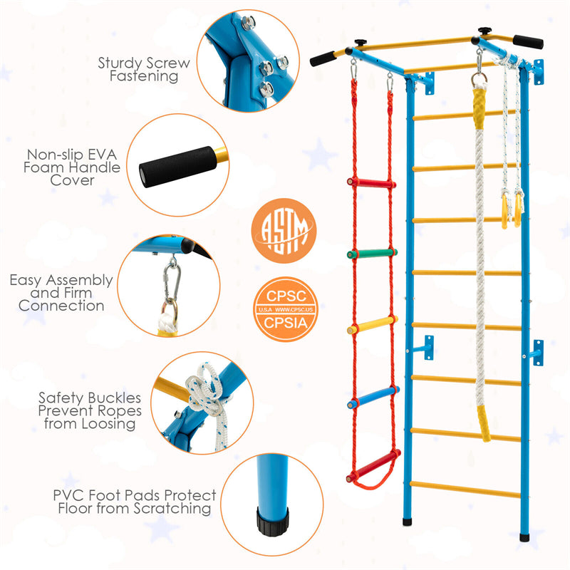 5-in-1 Climbing Toys Toddlers Kids Indoor Jungle Gym Steel Swedish Ladder Wall Set with Pull-up Bar & Gymnastic Rings