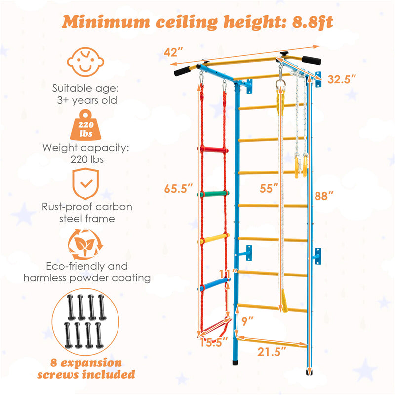 5-in-1 Climbing Toys Toddlers Kids Indoor Jungle Gym Steel Swedish Ladder Wall Set with Pull-up Bar & Gymnastic Rings