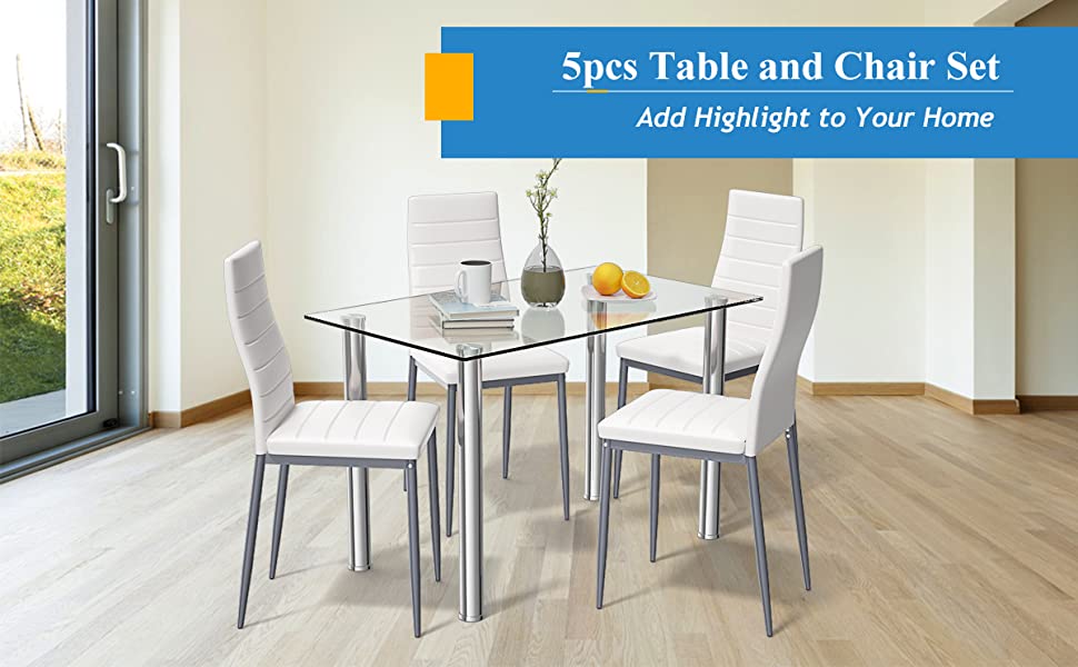 5 Piece Modern Dining Room Set with Tempered Glass Dining Table & 4 PVC Leather Chairs
