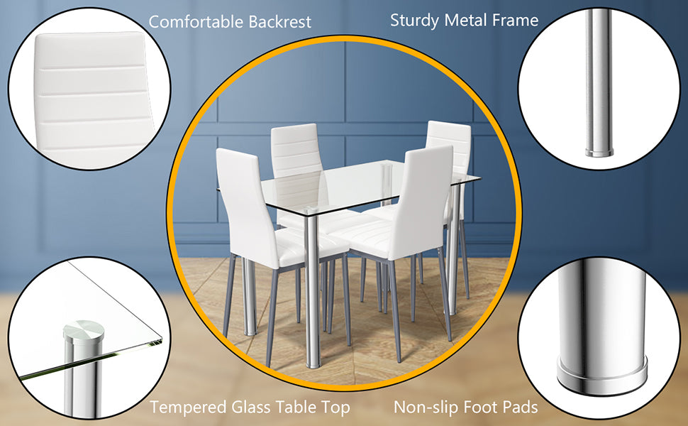 5 Piece Modern Dining Room Set with Tempered Glass Dining Table & 4 PVC Leather Chairs