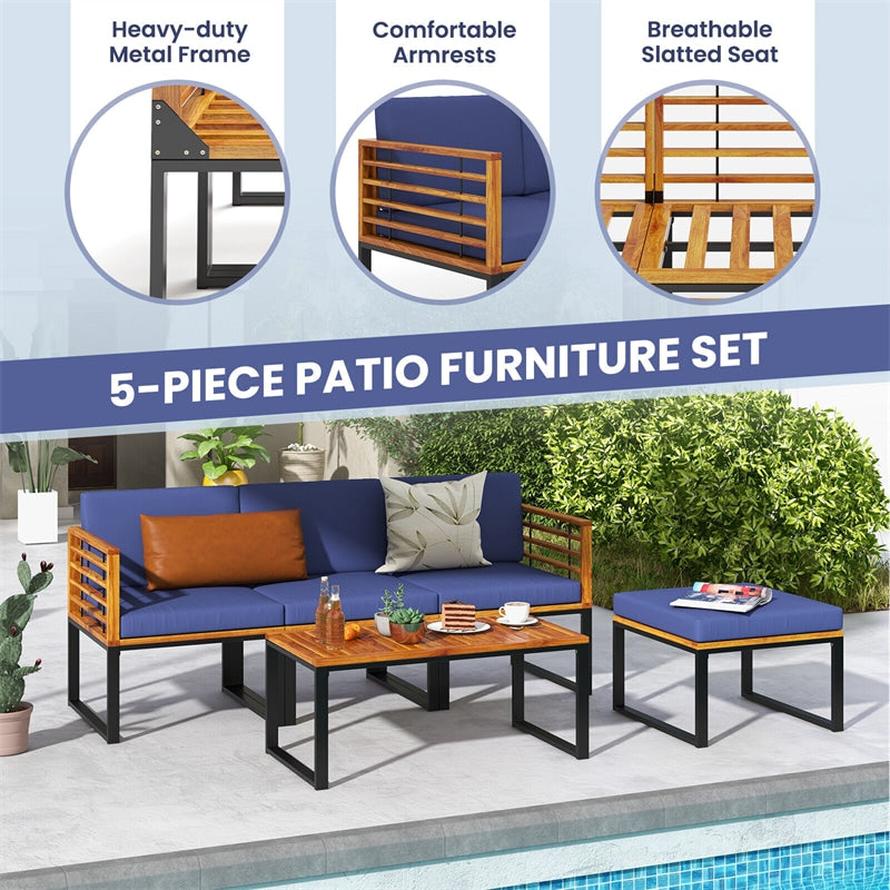 5 Piece Patio Conversation Set Metal Frame Acacia Wood Chair Set with Ottoman Coffee Table & Cushions