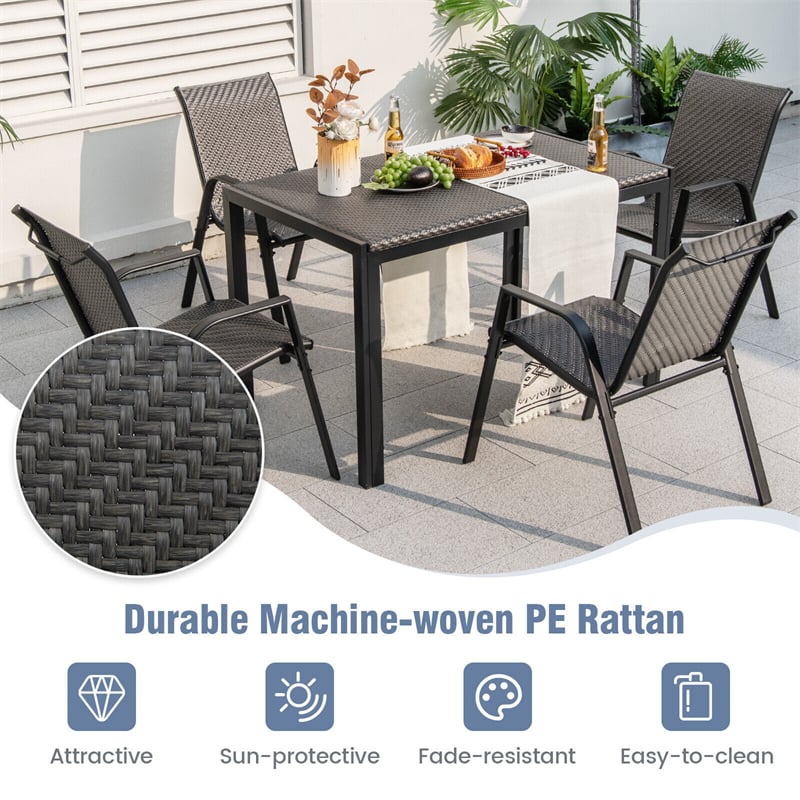 5 Piece Patio Rattan Dining Set Outdoor Dining Table Chairs Set for 4 with Heavy-Duty Metal Frame, Machine Woven Wicker Tabletop & Seat