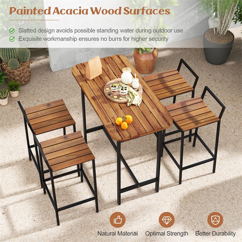 5 Piece Acacia Wood Bar Table Set for 4, Outdoor Bar Height Table & Chairs Set with Metal Frame & Footrest for Deck Garden Poolside