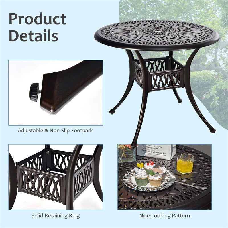 5 Pieces Cast Aluminum Patio Bistro Set All-weather Round Outdoor Dining Table with Umbrella Hole & 4 Ergonomic Armrest Chairs