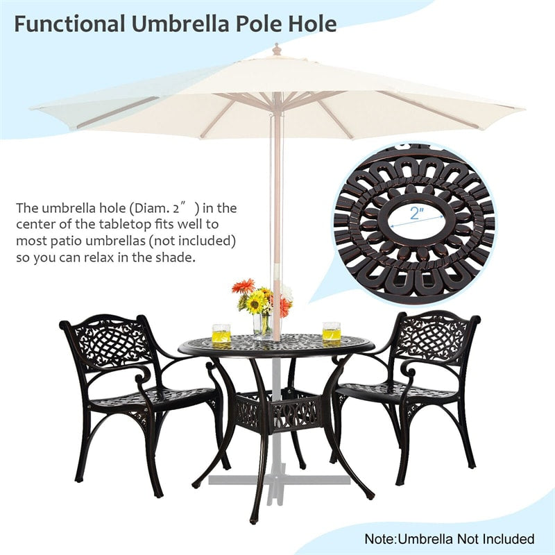 5 Pieces Cast Aluminum Patio Bistro Set All-weather Round Outdoor Dining Table with Umbrella Hole & 4 Ergonomic Armrest Chairs