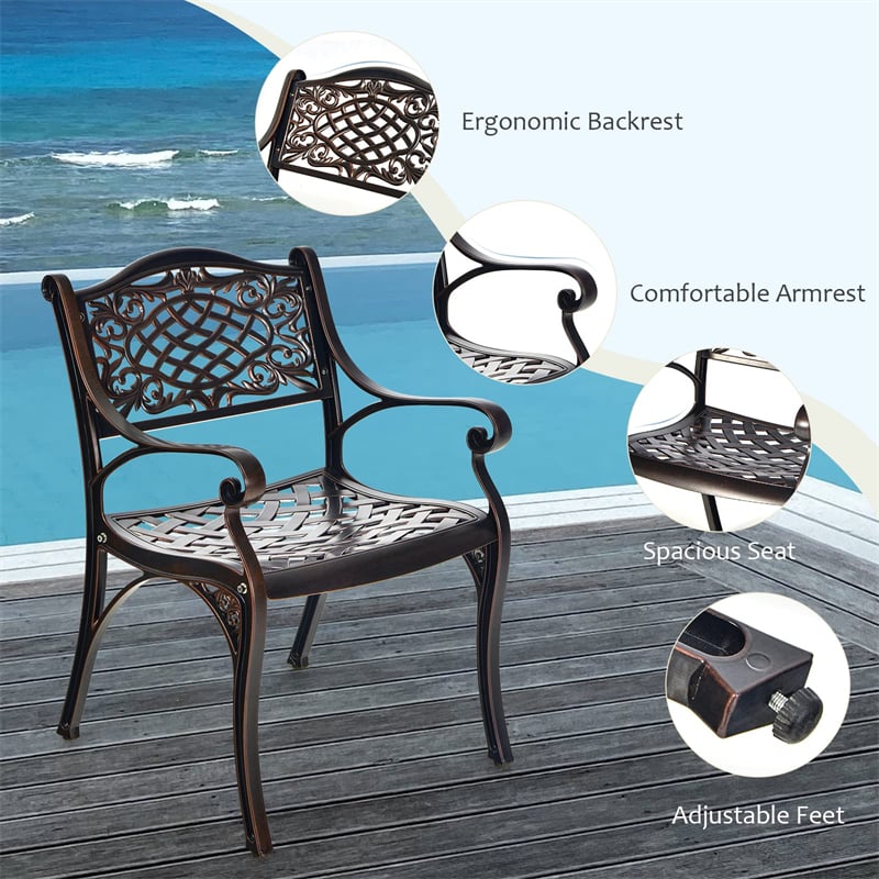 5 Pieces Cast Aluminum Patio Bistro Set All-weather Round Outdoor Dining Table with Umbrella Hole & 4 Ergonomic Armrest Chairs