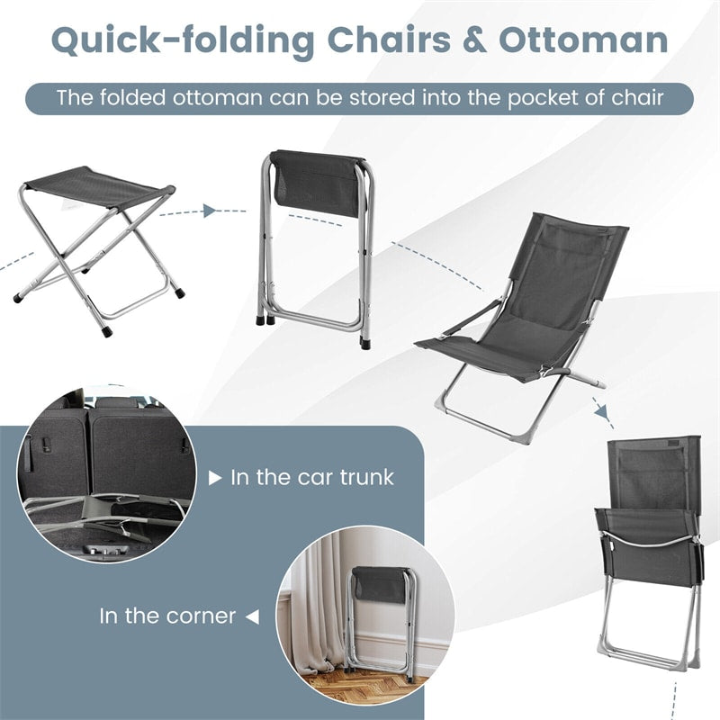 5 Pcs Outdoor Folding Sling Chair Set Beach Lawn Chairs with Ottoman, Coffee Table, Removable Seat Cushion & Headrest