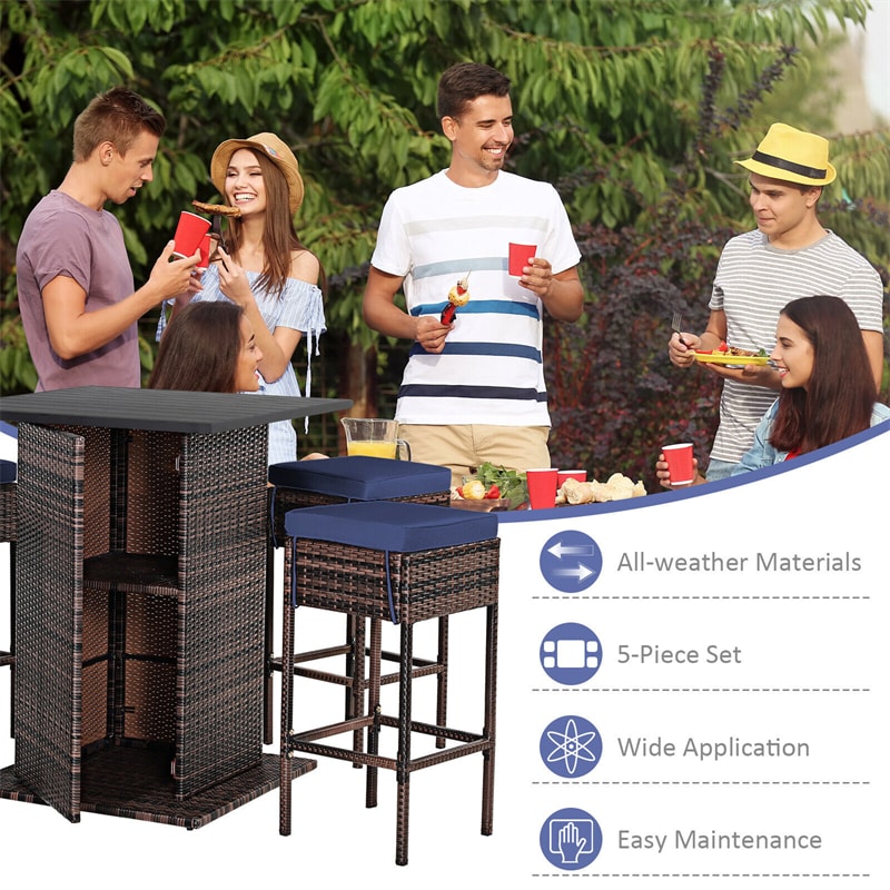 5 Piece Outdoor Rattan Bar Set Wicker Bar Furniture with 4 Cushioned Stools & Smooth Top Table Hidden Storage Shelf