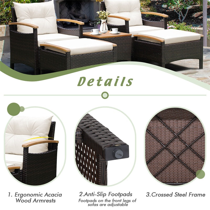 5PCS Patio Rattan Furniture Set Outdoor Conversation Set with Acacia Wood Top Coffee Table 2 Ottomans Seat & Back Cushion