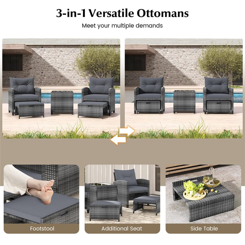 5 Piece Patio Rattan Furniture Set Wicker Cushioned Chairs Set with 2 Ottomans, Tempered Glass Coffee Table, Lawn Garden Sectional Conversation Set