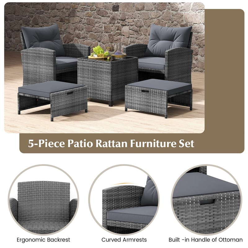 5 Piece Patio Rattan Furniture Set Wicker Cushioned Chairs Set with 2 Ottomans, Tempered Glass Coffee Table, Lawn Garden Sectional Conversation Set