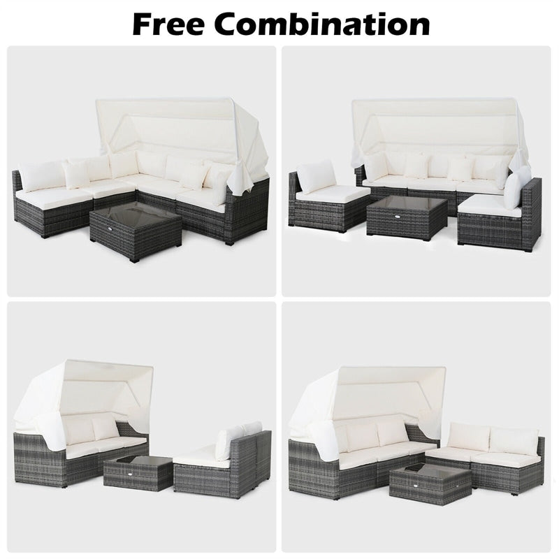 6-Piece Outdoor Rattan Patio Conversation Set with 3-Seat Daybed Sofa & Retractable Canopy