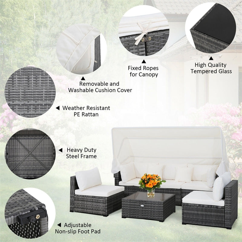 6-Piece Outdoor Rattan Patio Conversation Set with 3-Seat Daybed Sofa & Retractable Canopy