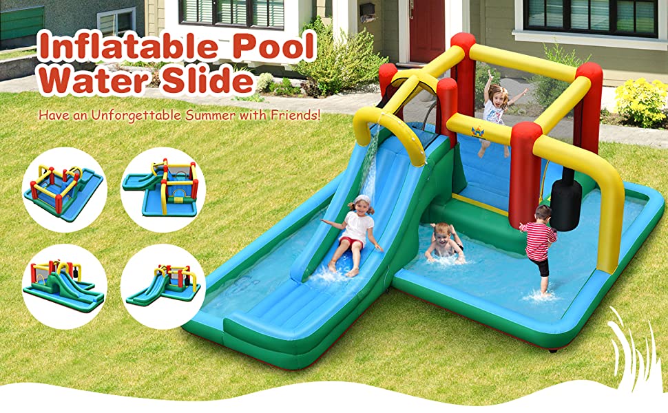 6-in-1 Inflatable Water Slide Jumping Bounce House Plash Pool Without Blower