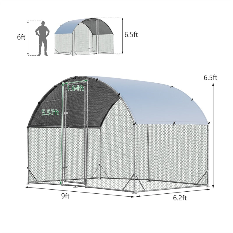 6.2ft Outdoor Metal Chicken Coop Galvanized Walk-in Dome Cage with Cover