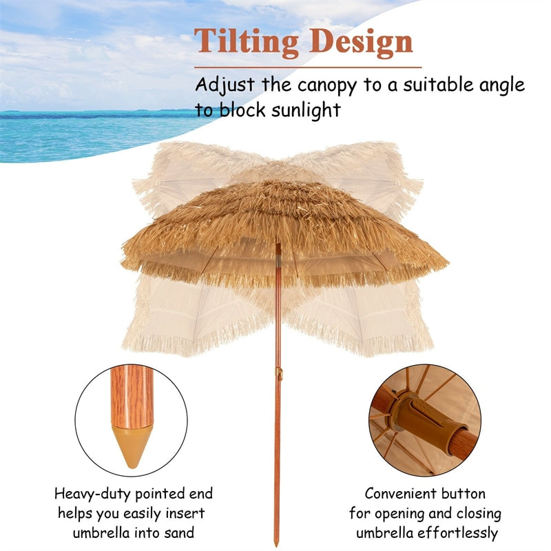 6.5 FT Portable Thatched Tiki Beach Umbrella with Tilt Mechanism
