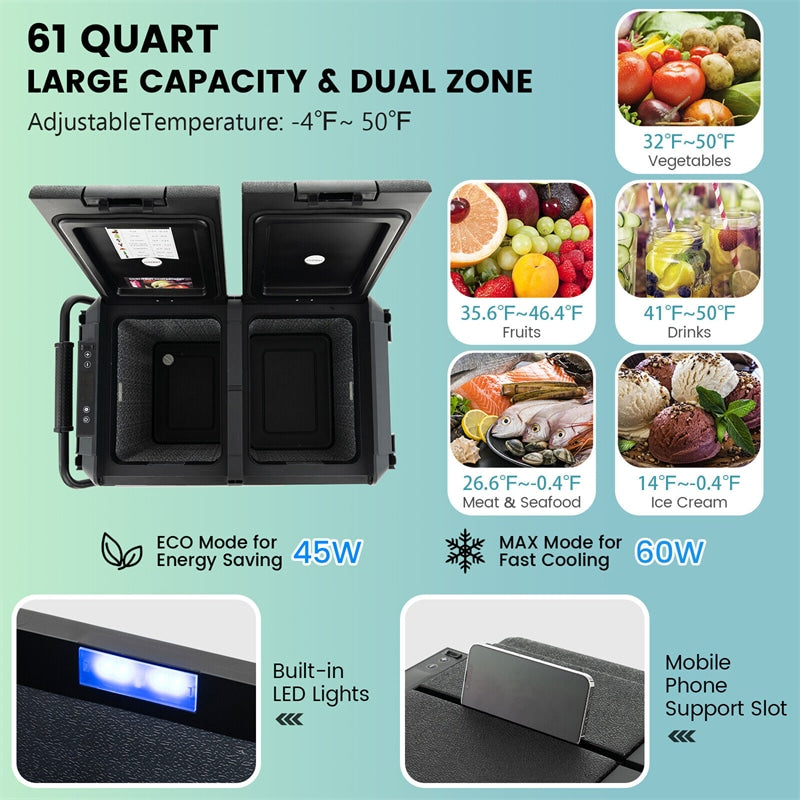 61 Quart Portable Car Refrigerator with Wheels 12/24V DC & 110-240V AC Dual-zone Electric Car Cooler Fridge for RV Camping Travel Home